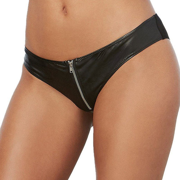 Dreamgirl Faux - Leather, Stretch - Knit Cheeky Panty with Zipper Front Black S Hanging - Royal Sins