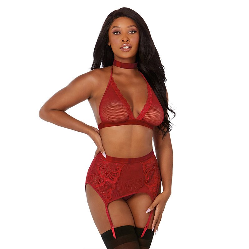 Dreamgirl Fishnet and Lace Four - Piece Set With Stretch Velvet Trim Accents Garnet OS - Royal Sins
