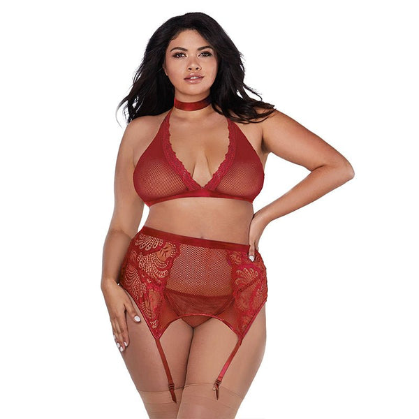 Dreamgirl Fishnet and Lace Four - Piece Set With Stretch Velvet Trim Accents Garnet Queen - Royal Sins