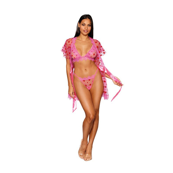 Dreamgirl Flocked Heart Mesh and Eyelash Lace Robe, Bralette, and G - string Set Peony XL - Royal Sins