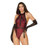 Dreamgirl High - Neck Mesh Teddy & Garter Body Harness Burgundy Black XL Hanging - Royal Sins