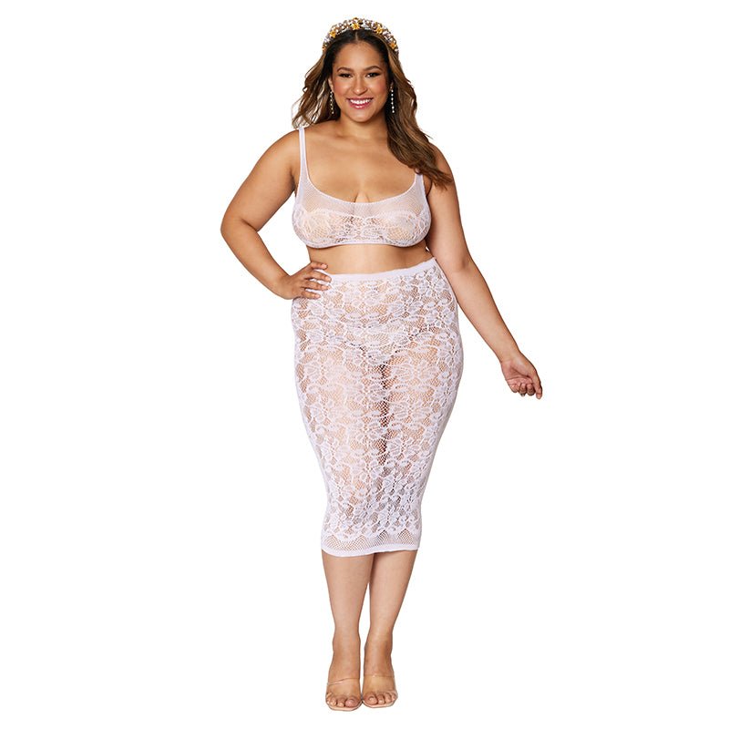 Dreamgirl Lace Fishnet Bralette & Slip Skirt White Queen Size - Royal Sins