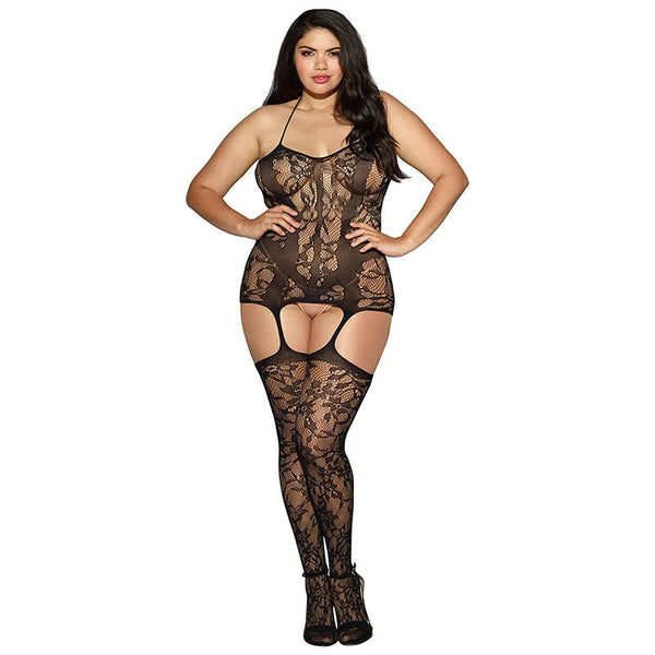 Dreamgirl Lace Fishnet Halter Garter Dress With Opaque Bodice Style Lines Black Queen - Royal Sins
