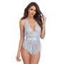 Dreamgirl Lace Romper With Eyelash Lace Trim and Open Back Blue Large Hanging - Royal Sins