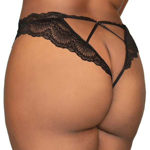 Dreamgirl Lace Tanga Open - Crotch Panty and Elastic Open Back Detail Black 2X Hanging - Royal Sins