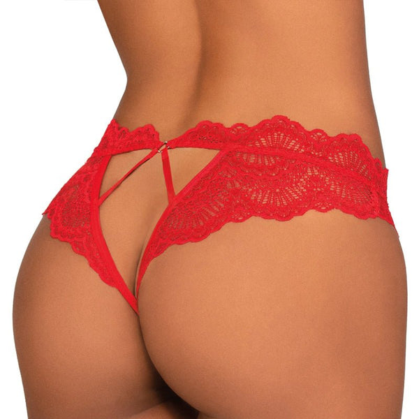 Dreamgirl Lace Tanga Open - Crotch Panty and Elastic Open Back Detail Red L - Royal Sins