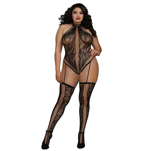 Dreamgirl Lace Teddy Bodystocking With Criss - Cross Details, Halter Neckline Black Queen - Royal Sins