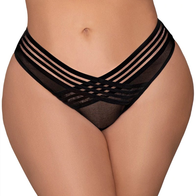 Dreamgirl Mesh Thong with Shadow Stripe Elastic Front Detail Black 3X Hanging - Royal Sins