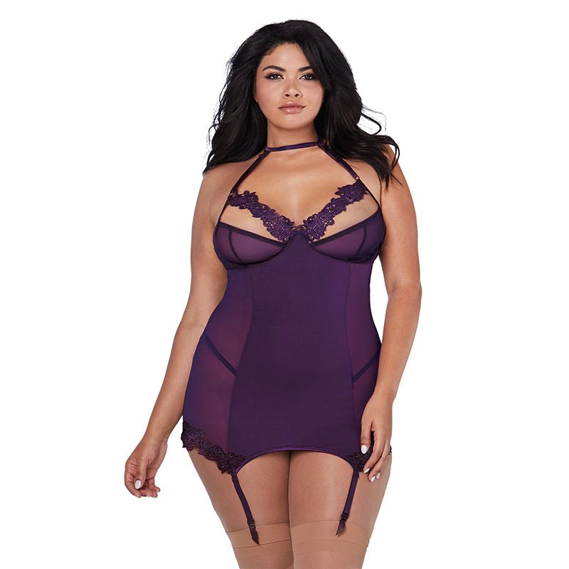 Dreamgirl Microfiber and Mesh Garter Slip With Underwire Shelf Bra Plum Queen - Royal Sins