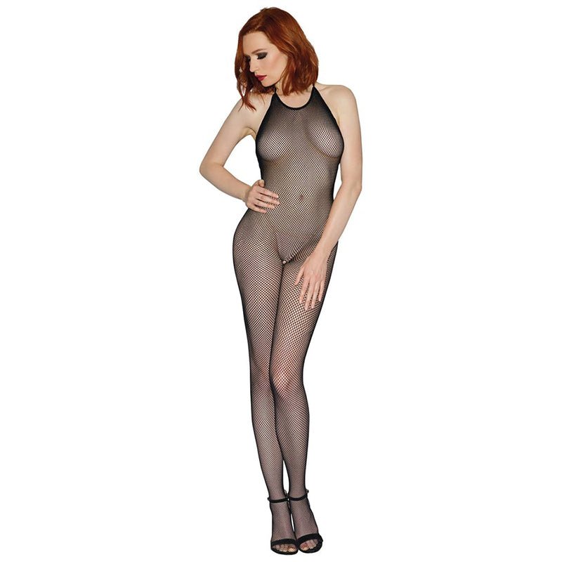 Dreamgirl Seamless Fishnet Bodystocking with Halter Neck, Open Crotch and Low Back Black OS - Royal Sins