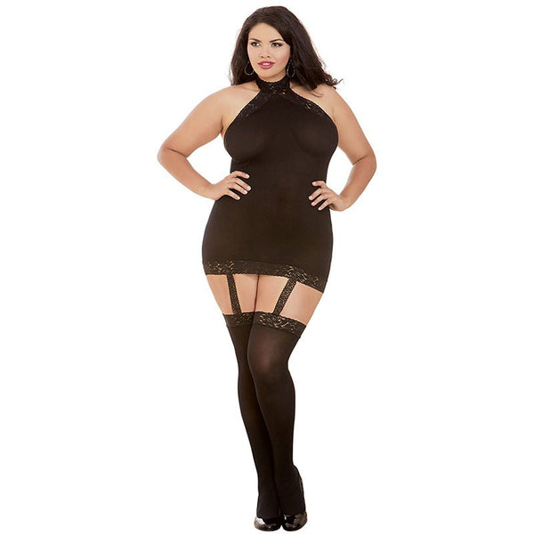 Dreamgirl Semi - Sheer Halter Garter Dress With Snap - Neck Closure and Thigh - Highs Black Queen - Royal Sins