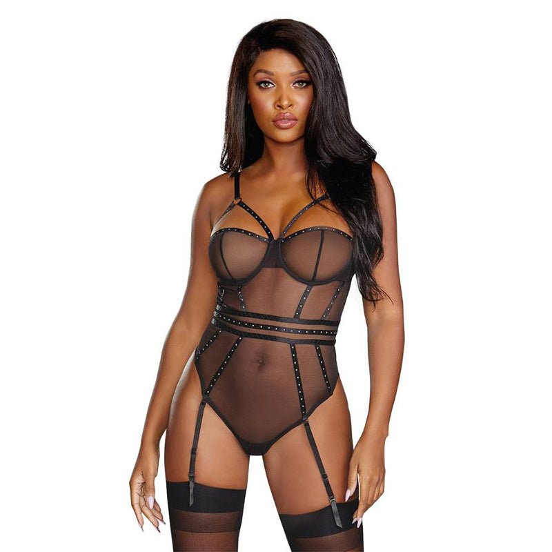Dreamgirl Sheer Stretch Mesh Snap Crotch Teddy With Removable Garters Black XL Hanging - Royal Sins