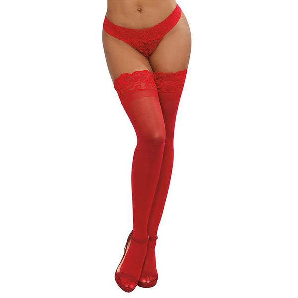 Dreamgirl Sheer Thigh - High Stockings with Silicone Lace Top Red OS - Royal Sins
