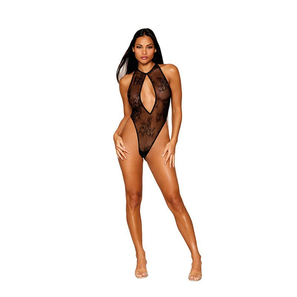 Dreamgirl Stretch Lace Halter Teddy with Keyhole Neckline and Open Rhinestone Fringe Back Black S - Royal Sins