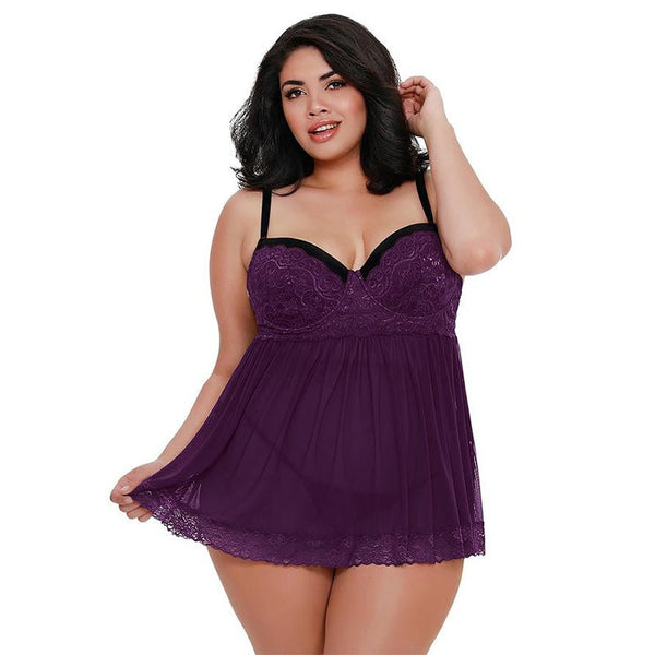 Dreamgirl Stretch Mesh and Lace Babydoll Plum Queen 2X Hanging - Royal Sins
