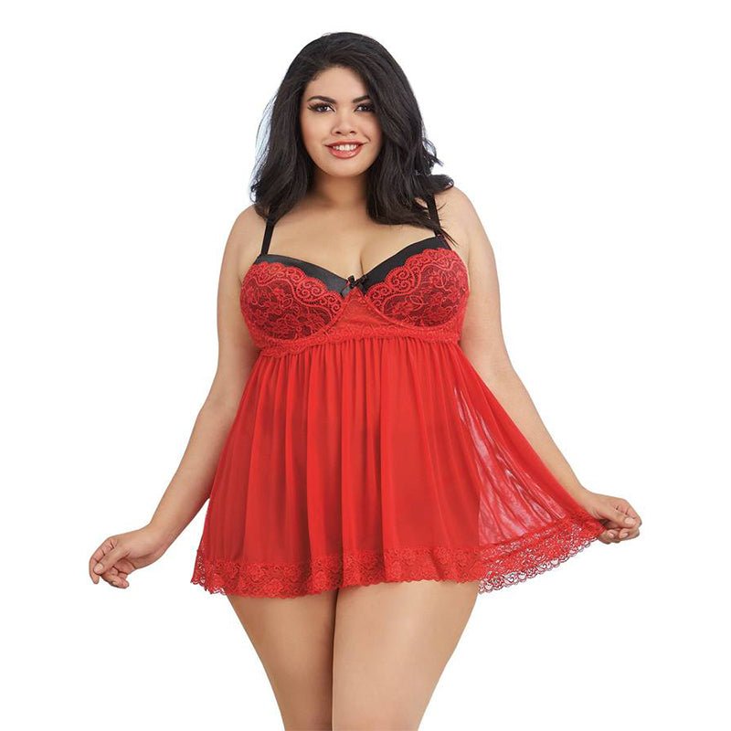 Dreamgirl Stretch Mesh and Lace Babydoll Ruby Queen 2X Hanging - Royal Sins