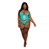Dreamgirl Stretch Vinyl and Lace Bustier and G - string Set Ocean 1XL - Royal Sins