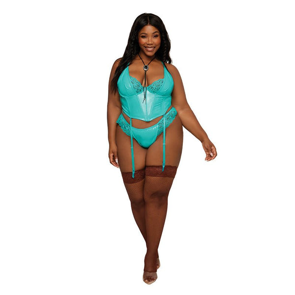 Dreamgirl Stretch Vinyl and Lace Bustier and G - string Set Ocean 1XL - Royal Sins