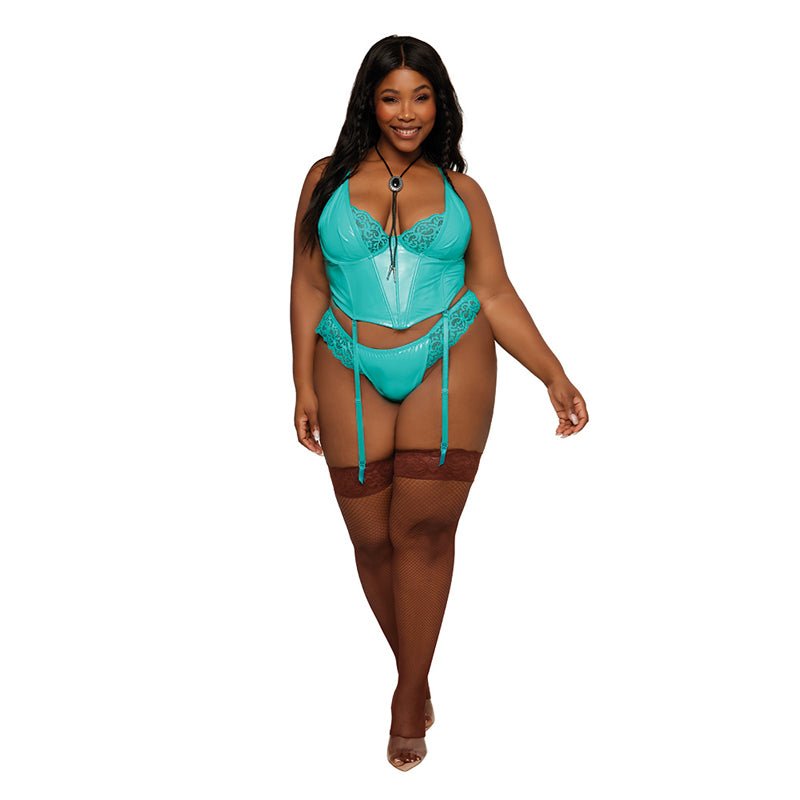 Dreamgirl Stretch Vinyl and Lace Bustier and G - string Set Ocean 3XL - Royal Sins