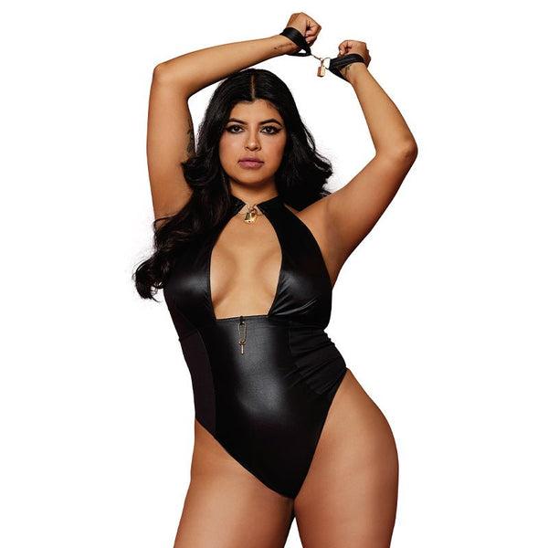 Dreamgirl Wetlook Corseted Back Halter - Neck Thong Teddy With Wrist Restraints Black Queen Size - Royal Sins