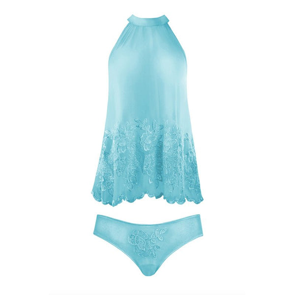 ELSIE EMBROIDERED HALTER & PANTY MEDIUM TEAL - Royal Sins