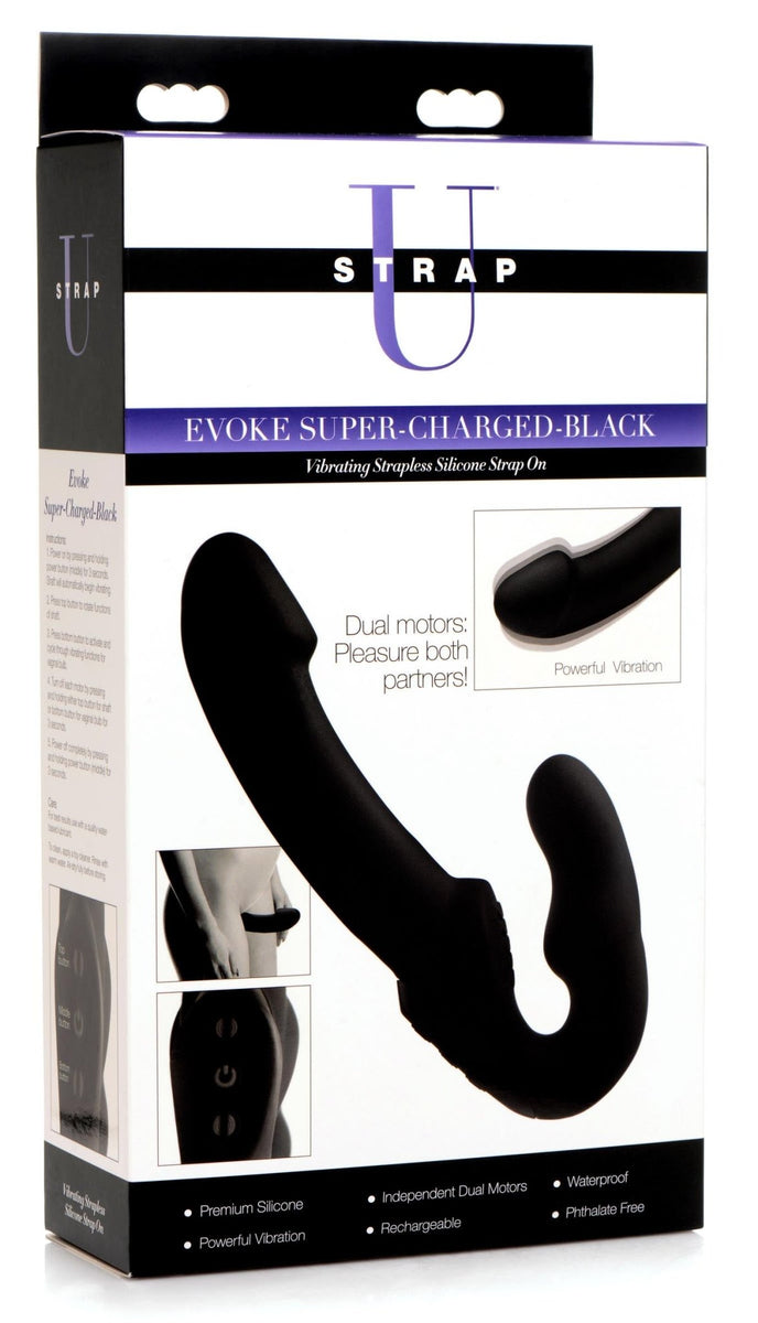 Evoke Rechargeable Vibrating Silicone Strapless Strap On - Black - Royal Sins