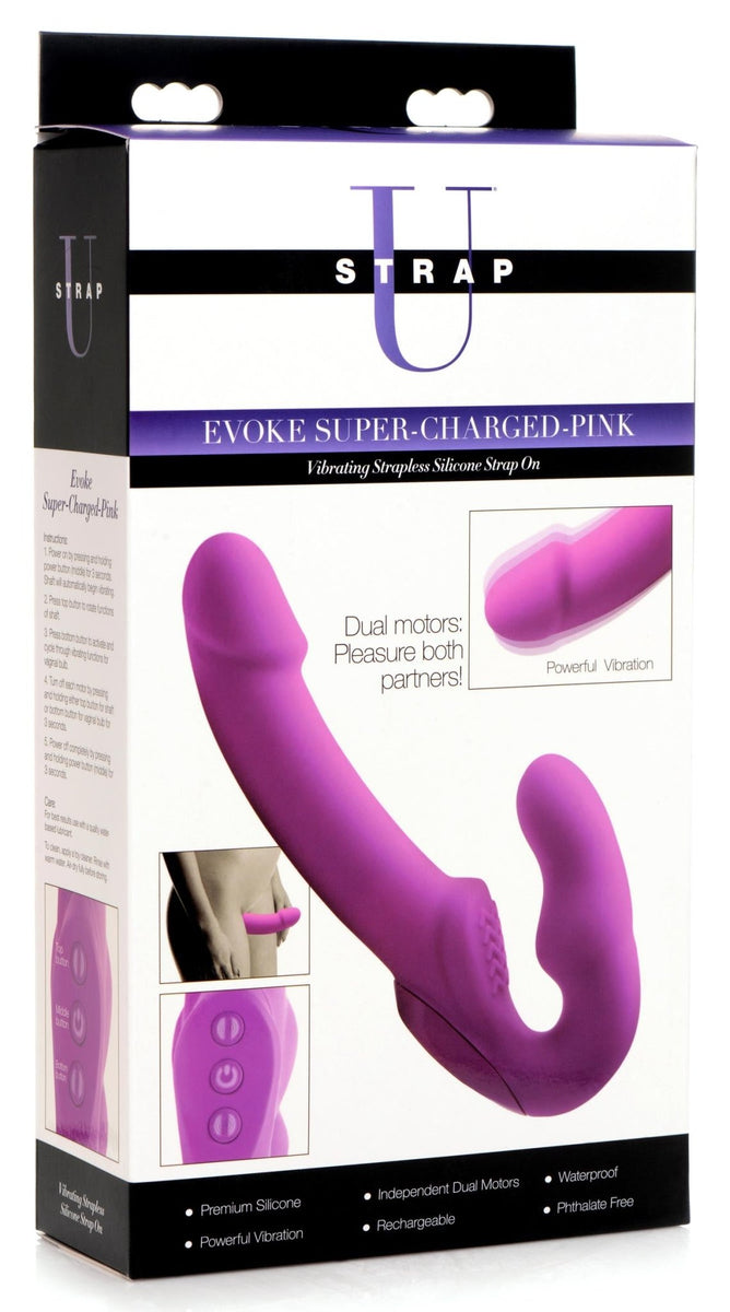 Evoke Rechargeable Vibrating Silicone Strapless Strap On - Pink - Royal Sins