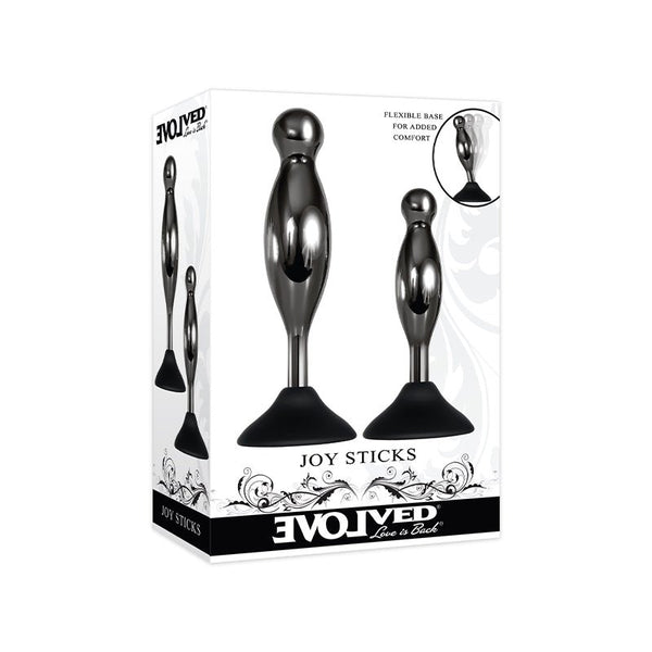 Evolved Joy Sticks 2 - Piece Metal Anal Plug With Suction Cup Base Set Black - Royal Sins