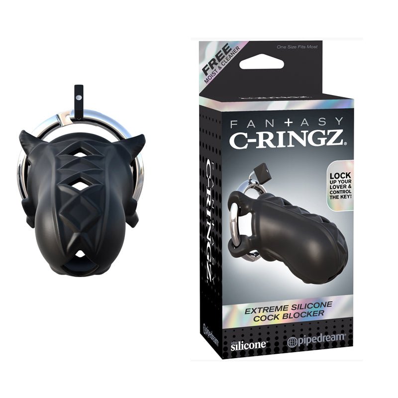 Fantasy C - Ringz Extreme Silicone Cock Blocker Locking Chastity Cage Black - Royal Sins