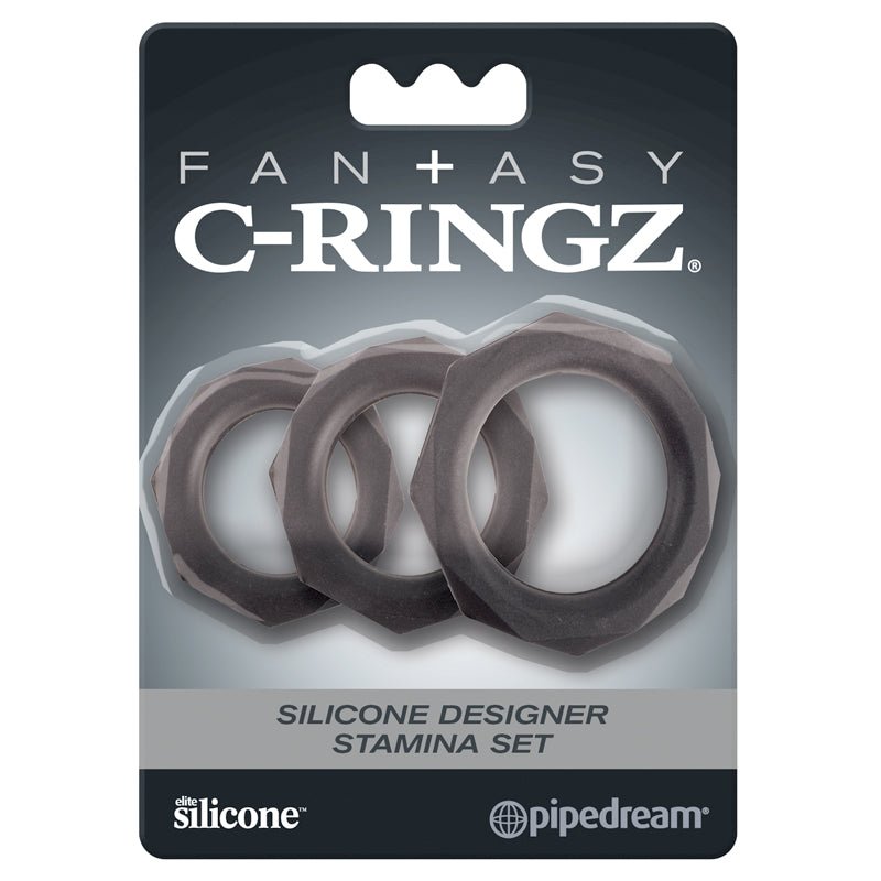 Fantasy C - Ringz Silicone Designer Stamina 3 - Piece Cockring Set Black - Royal Sins
