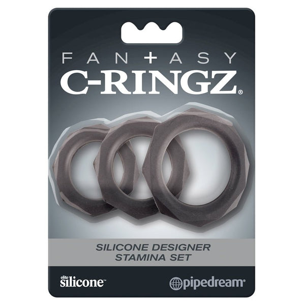 Fantasy C - Ringz Silicone Designer Stamina 3 - Piece Cockring Set Black - Royal Sins