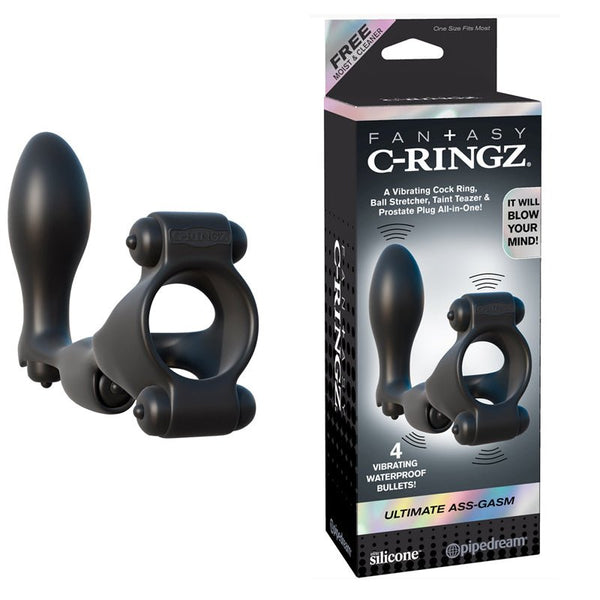 Fantasy C - Ringz Ultimate Ass - Gasm Vibrating Silicone Cockring With Anal Plug Black - Royal Sins