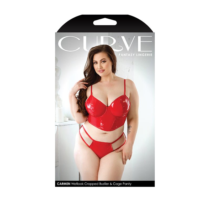 Fantasy Lingerie Curve Carmen Wetlook Cropped Bustier & Matching Cage Panty Red 3XL/4XL - Royal Sins