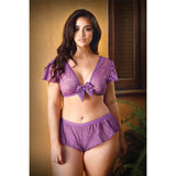 Fantasy Lingerie Curve Kate Lace Tie - Front Crop Top With Matching Tap Panty Amethyst 3XL/4XL - Royal Sins