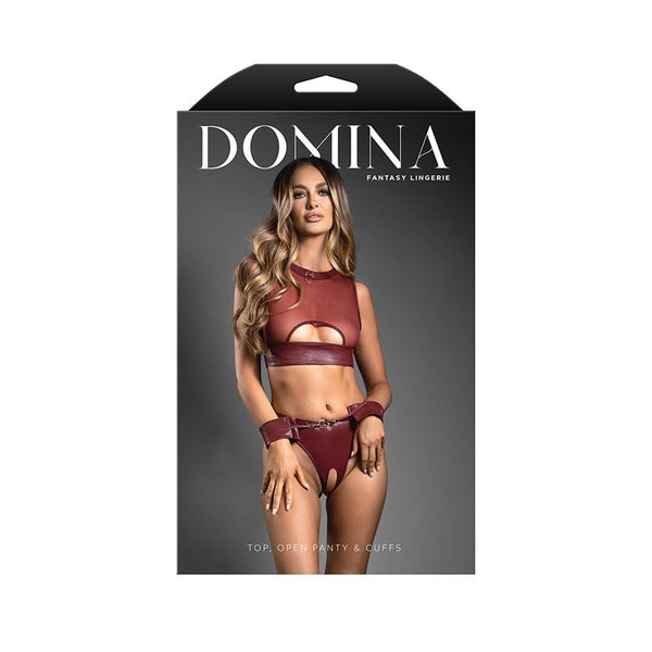Fantasy Lingerie Domina Embossed Faux Leather Cut - Out Top & Crotchless Panty with Handcuffs M/L - Royal Sins