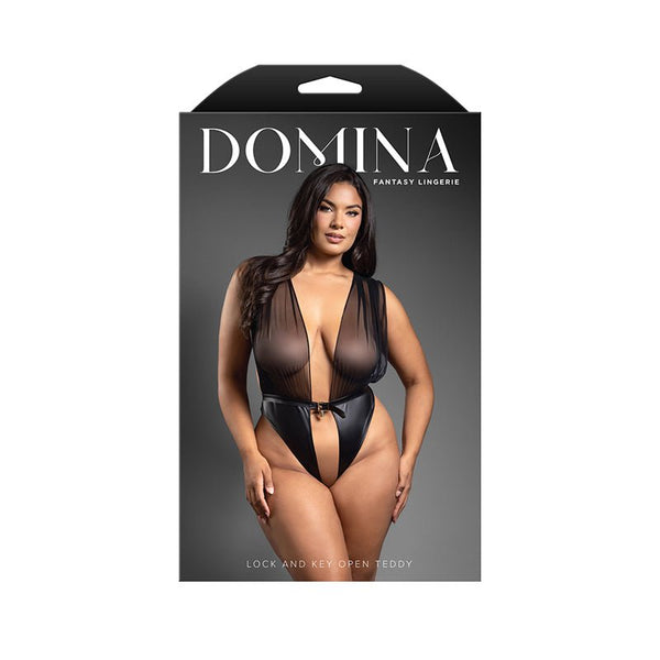 Fantasy Lingerie Domina Mesh Tie - Back Plunge Front Teddy with Buckle Waist and Lock & Key Detail Queen Size - Royal Sins