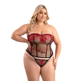 Fantasy Lingerie Floral Embroidered Mesh Corset with Lace - Up Back and Matching G - String Panty 2XL - Royal Sins