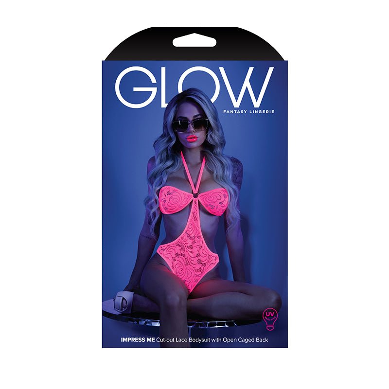 Fantasy Lingerie Glow Impress Me Lace Bodysuit With Open - Cage Back Neon Pink S/M - Royal Sins