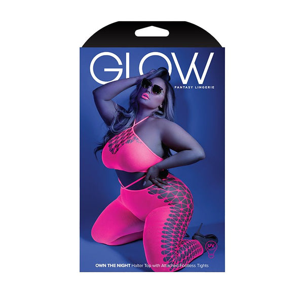 Fantasy Lingerie Glow Own The Night Cropped Cut - Out Halter Bodystocking Neon Pink Queen Size - Royal Sins