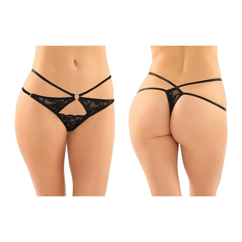 Fantasy Lingerie Jasmine Strappy Lace Thong With Front Keyhole Cutout 6 - Pack Black L/XL - Royal Sins