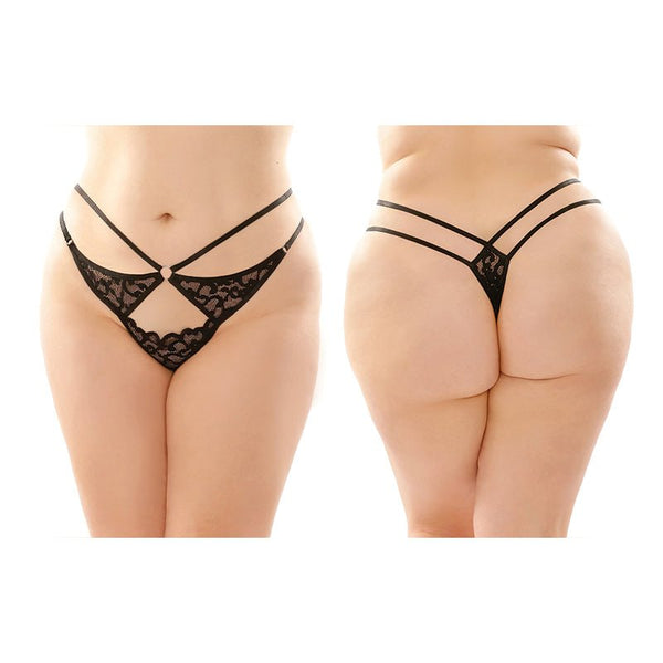 Fantasy Lingerie Jasmine Strappy Lace Thong With Front Keyhole Cutout 6 - Pack Queen Size Black - Royal Sins