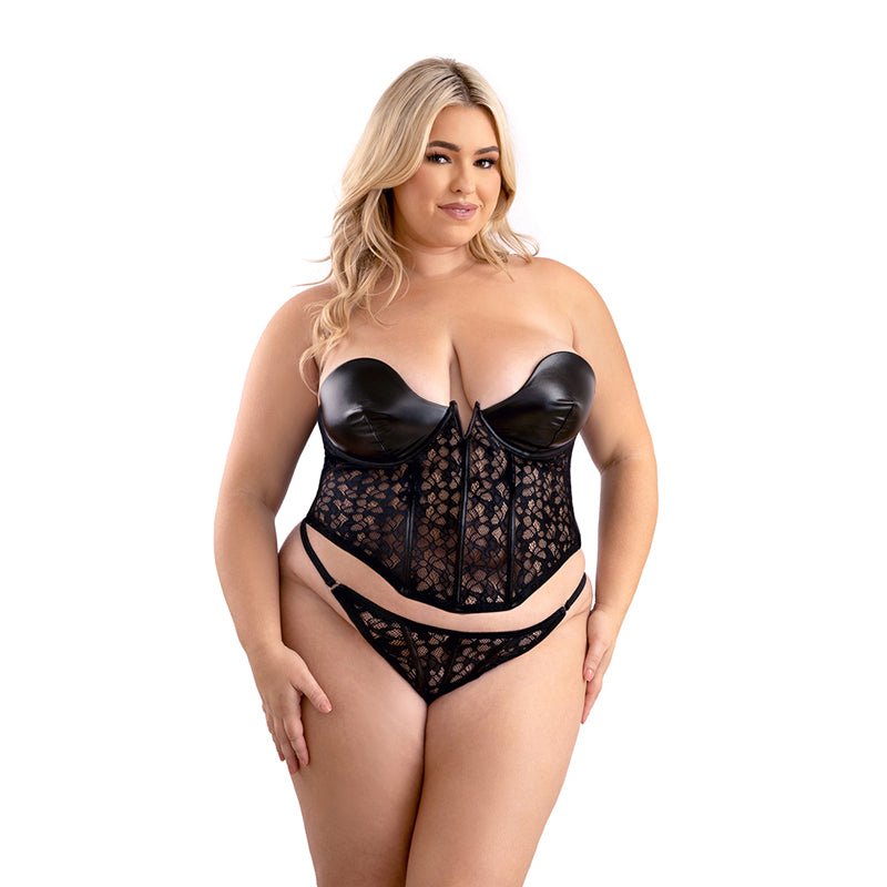Fantasy Lingerie Leather Look and Lace Underwire Corset with Matching G - String Panty 2XL - Royal Sins