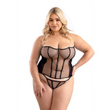 Fantasy Lingerie Leatherette Binding Mesh Corset with Matching G - String Panty 2XL - Royal Sins
