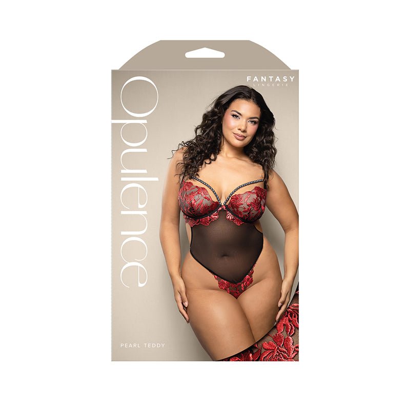 Fantasy Lingerie Opulence Floral Embroidered Mesh Teddy with Underwire Pearl Cups & Pearl String Queen Size - Royal Sins