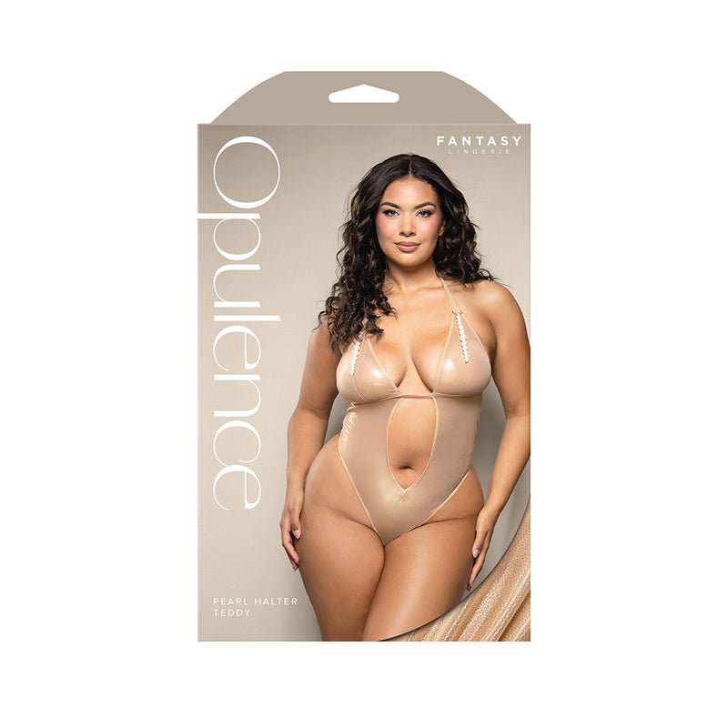 Fantasy Lingerie Opulence Foil Mesh Cut - Out Halter Teddy with Stimulating Pearl & Pearl String Queen Size - Royal Sins