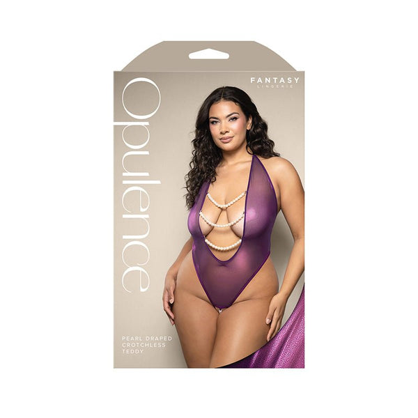 Fantasy Lingerie Opulence Foil Mesh Plunging Pearl Halter Teddy with Open Pearl Crotch Queen Size - Royal Sins