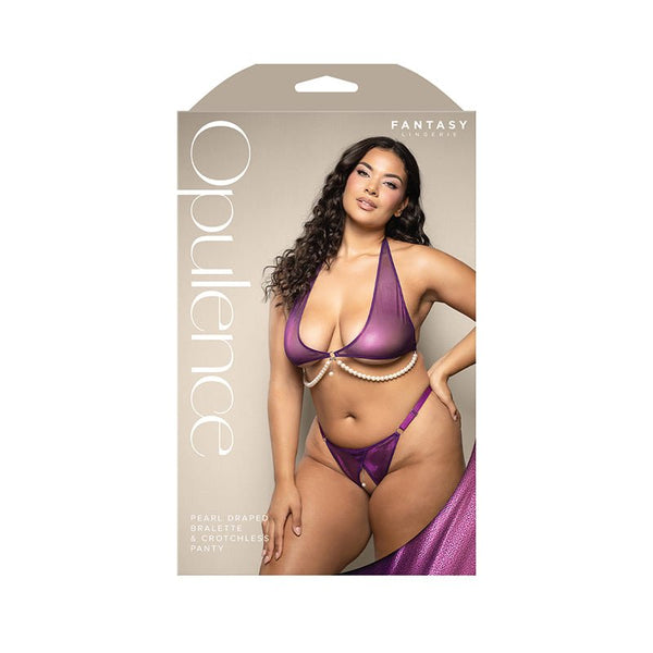 Fantasy Lingerie Opulence Foiled Mesh Halter Bralette with Pearl Underbust & Crotchless Panty Queen Size - Royal Sins