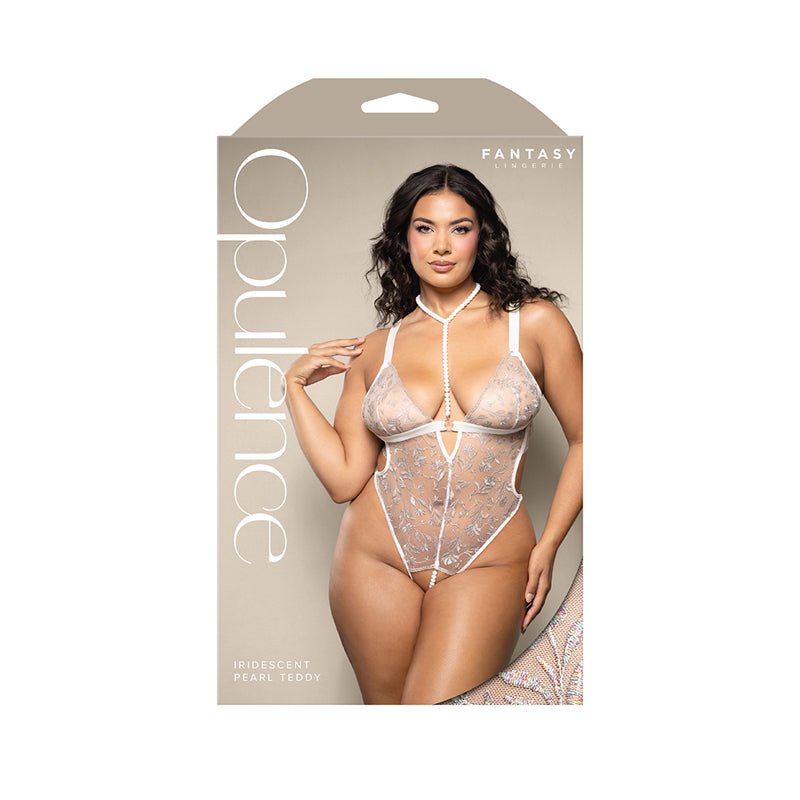 Fantasy Lingerie Opulence Metallic Embroidered Teddy with Pearl Harness & Open Pearl Crotch Queen Size - Royal Sins