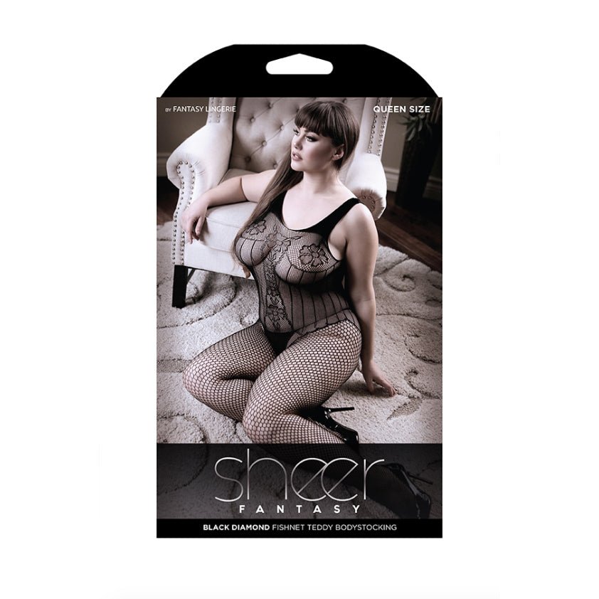 Fantasy Lingerie Sheer Black Magic Cami Top With Attached Stocking Queen Size Black - Royal Sins