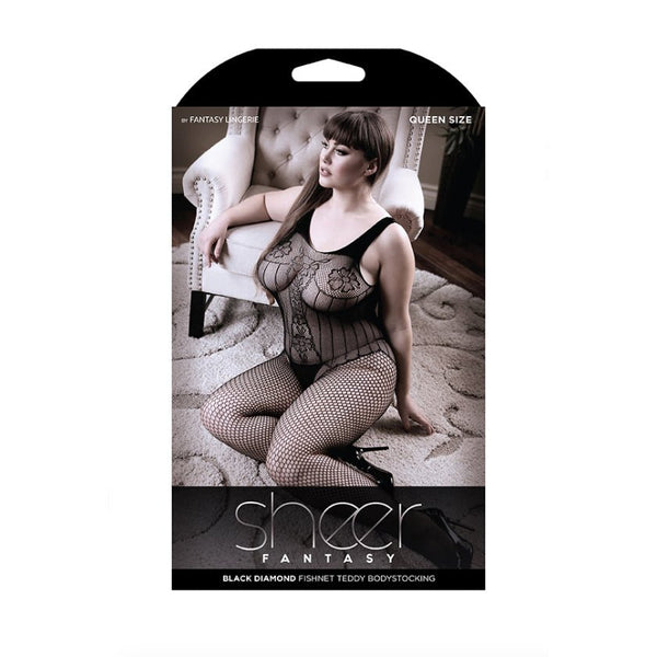 Fantasy Lingerie Sheer Black Magic Cami Top With Attached Stocking Queen Size Black - Royal Sins